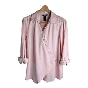 Ali Miles Wrap Blouse Asymmetric Buttons Roll Tab Sleeves Pink Size Large